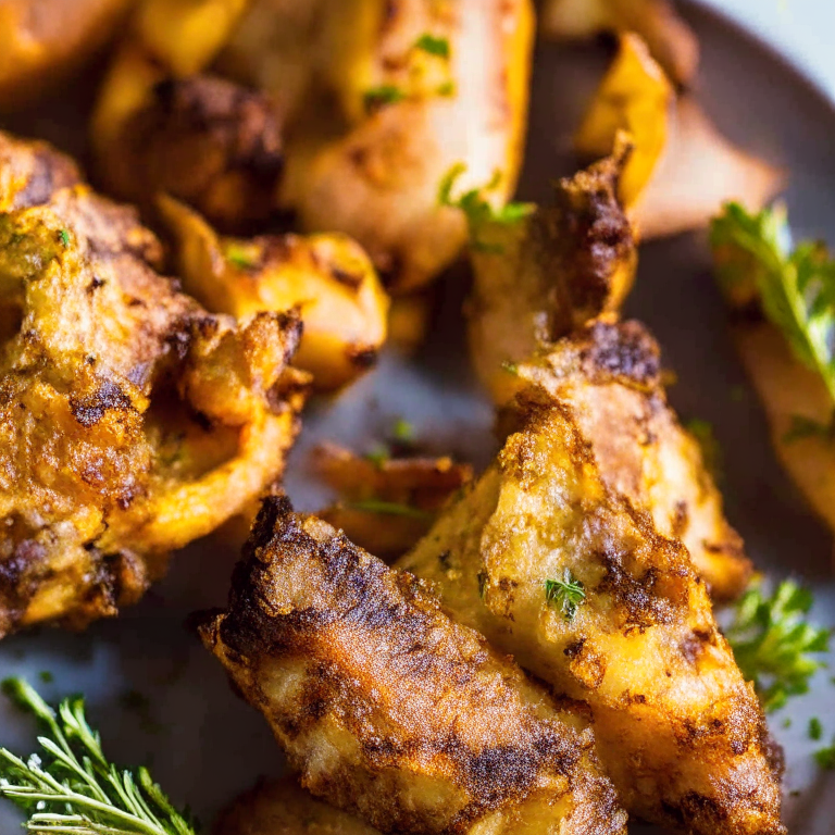 Crispy Air Fryer Lamb Cutlets with Oven-Baked Herb Roasted Potatoes lit by bright directional lighting, closeup shot filling most of the frame and minimizing distractions, manually focused to ensure that every part of the dish is in perfect sharp detail