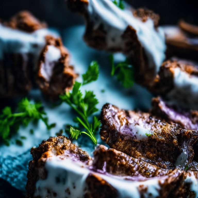 Oven-Baked Moroccan Spiced Lamb Ribs with Air Fryer Mint Yogurt Dip lit by softbox studio lights, extreme closeup shot filling the frame, manually focused so that every part of the dish has perfect clarity and sharpness