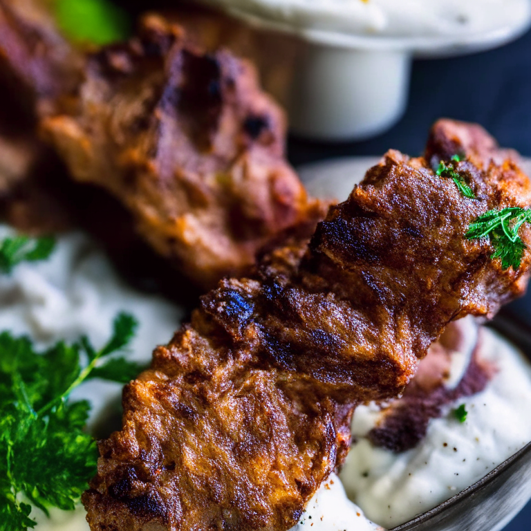 Oven-Baked Moroccan Spiced Lamb Ribs with Air Fryer Mint Yogurt Dip lit by bright directional lighting, closeup shot filling most of the frame and minimizing distractions, manually focused to ensure that every part of the dish is in perfect sharp detail