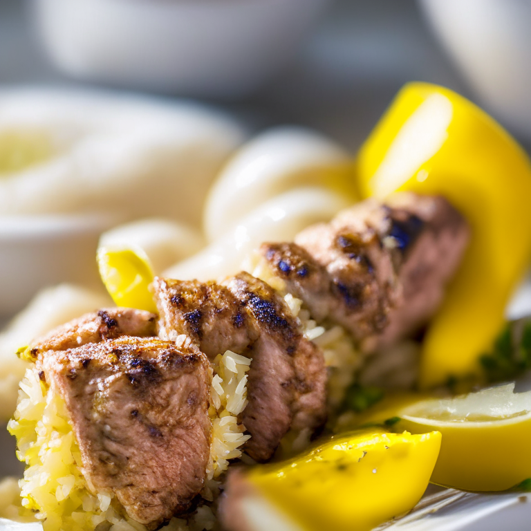 Air Fryer Lamb Souvlaki Skewers with Oven-Baked Greek Lemon Rice lit by natural window light, macro closeup shot filling the frame, manually focused to have razor-sharp clarity throughout the entire dish