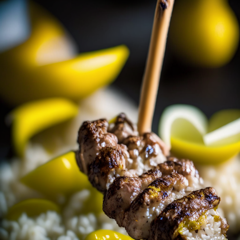 Air Fryer Lamb Souvlaki Skewers with Oven-Baked Greek Lemon Rice lit by softbox studio lights, extreme closeup shot filling the frame, manually focused so that every part of the dish has perfect clarity and sharpness