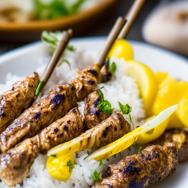 Air Fryer Lamb Souvlaki Skewers with Oven-Baked Greek Lemon Rice lit by bright directional lighting, closeup shot filling most of the frame and minimizing distractions, manually focused to ensure that every part of the dish is in perfect sharp detail