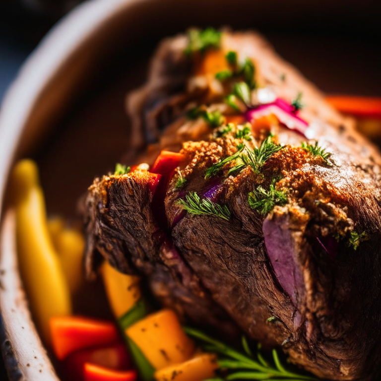 Oven-Baked Harissa Marinated Lamb Shoulder with Air Fryer Za'atar Roasted Vegetables lit by natural window light, macro closeup shot filling the frame, manually focused to have razor-sharp clarity throughout the entire dish