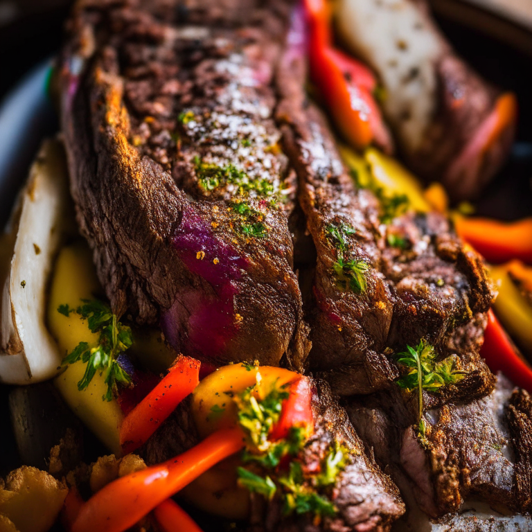 Oven-Baked Harissa Marinated Lamb Shoulder with Air Fryer Za'atar Roasted Vegetables lit by bright directional lighting, closeup shot filling most of the frame and minimizing distractions, manually focused to ensure that every part of the dish is in perfect sharp detail