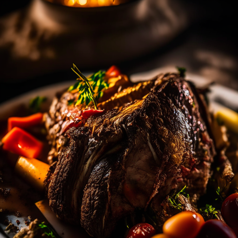 Oven-Baked Harissa Marinated Lamb Shoulder with Air Fryer Za'atar Roasted Vegetables lit by softbox studio lights, extreme closeup shot filling the frame, manually focused so that every part of the dish has perfect clarity and sharpness