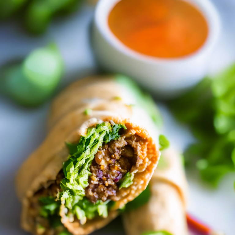 Air Fryer Lamb and Vegetable Spring Rolls with Oven-Baked Cilantro Lime Quinoa lit by softbox studio lights, extreme closeup shot filling the frame, manually focused so that every part of the dish has perfect clarity and sharpness