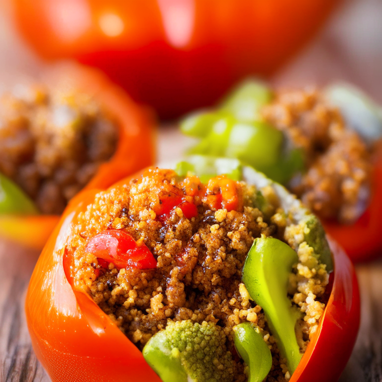 Stuffed Bell Peppers with Ground Lamb and Quinoa lit by natural window light, macro closeup shot filling the frame, manually focused to have razor-sharp clarity throughout the entire dish