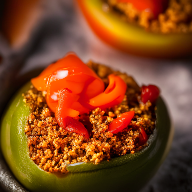 Stuffed Bell Peppers with Ground Lamb and Quinoa lit by softbox studio lights, extreme closeup shot filling the frame, manually focused so that every part of the dish has perfect clarity and sharpness