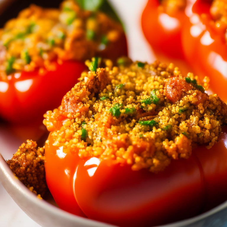 Stuffed Bell Peppers with Ground Lamb and Quinoa lit by bright directional lighting, closeup shot filling most of the frame and minimizing distractions, manually focused to ensure that every part of the dish is in perfect sharp detail