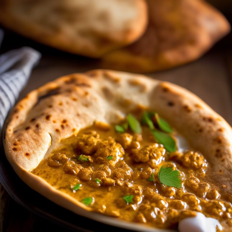 Air Fryer Lamb and Lentil Curry with Oven-Baked Garlic Naan Bread lit by natural window light, macro closeup shot filling the frame, manually focused to have razor-sharp clarity throughout the entire dish