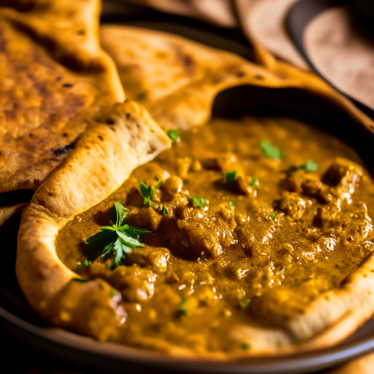 Air Fryer Lamb and Lentil Curry with Oven-Baked Garlic Naan Bread lit by bright directional lighting, closeup shot filling most of the frame and minimizing distractions, manually focused to ensure that every part of the dish is in perfect sharp detail