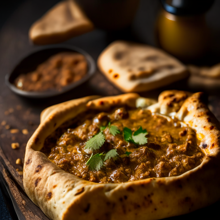 Air Fryer Lamb and Lentil Curry with Oven-Baked Garlic Naan Bread lit by softbox studio lights, extreme closeup shot filling the frame, manually focused so that every part of the dish has perfect clarity and sharpness