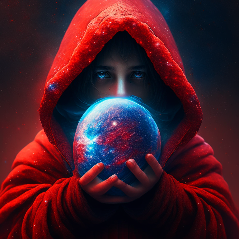 hooded  girl with red libs holding a planet in his hand, cosmic star dust, galactic, uhd, hdr, 8k, maximalist