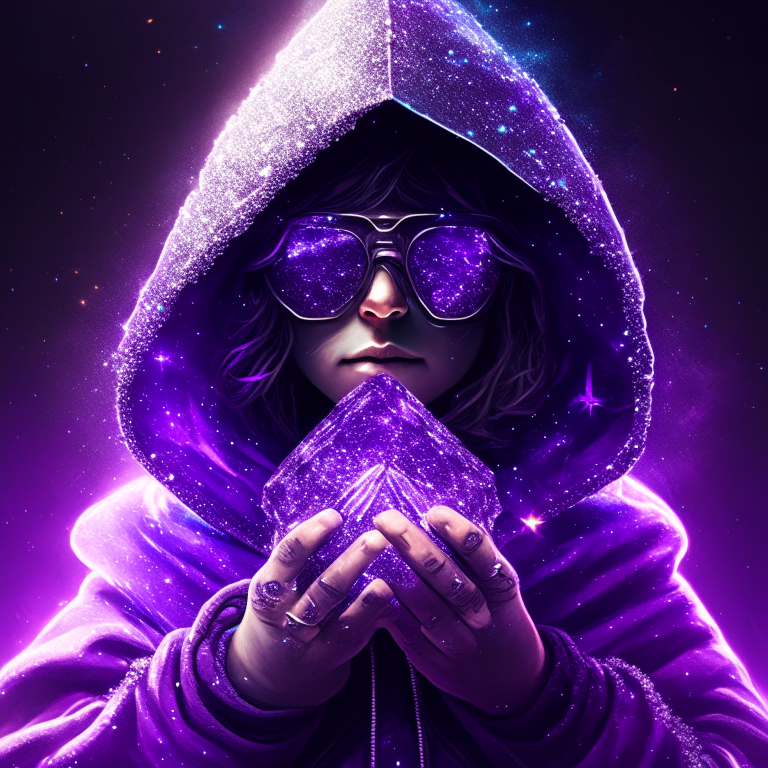 Purple hooded  girl with black sunglasses  holding a diamond in his hand, cosmic star dust, galactic, uhd, hdr, 8k, maximalist