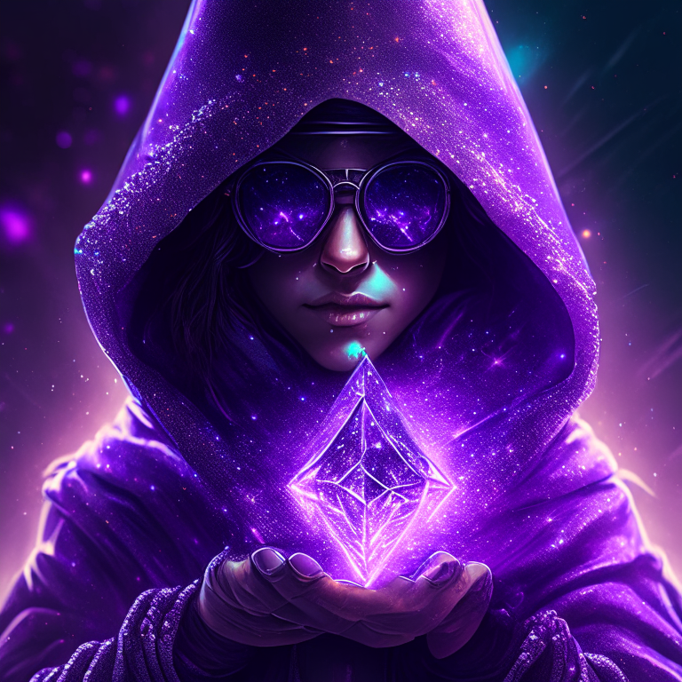 Purple hooded  girl with black sunglasses  holding a diamond in his hand, cosmic star dust, galactic, uhd, hdr, 8k, realistic cyberpunk