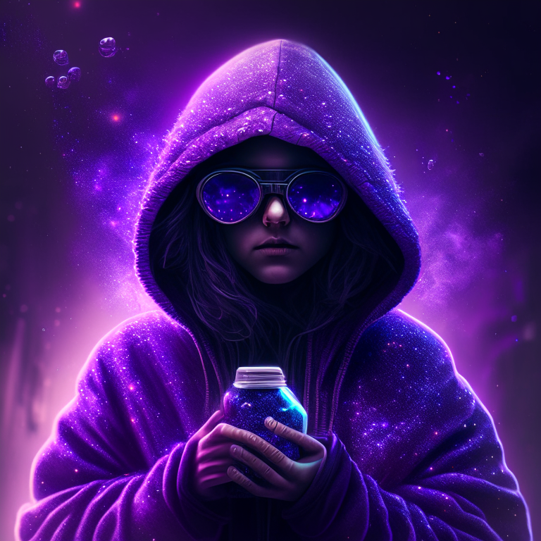 Purple hooded  girl with black sunglasses  holding a pill in his hand, cosmic star dust, galactic, uhd, hdr, 8k, realistic cyberpunk