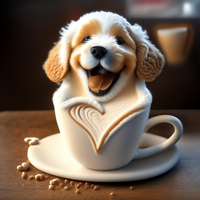 a happy puppy drinking a latte with heart-shaped foam art