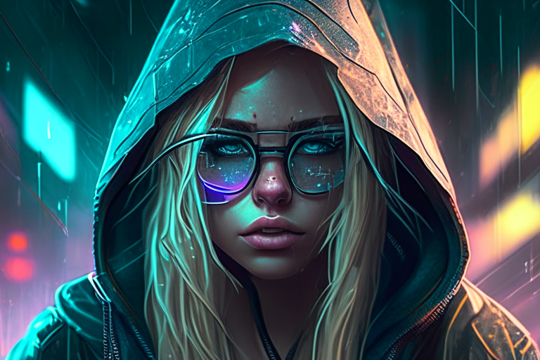 Cyberpunk hooded Blond girl, with Glasses in Cyberpunk Scenario