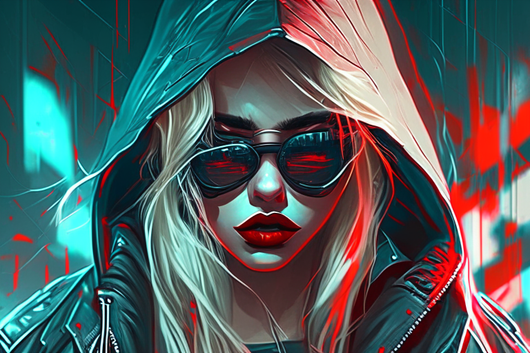 Cyberpunk hooded Blond girl with red lips and black sunglasses