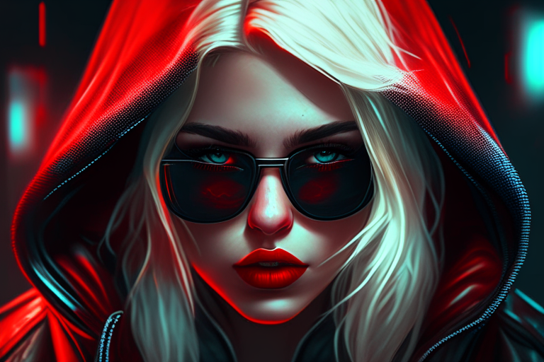 8K photo-realistic portrait of Cyberpunk hooded Blond girl with red lips and black sunglasses