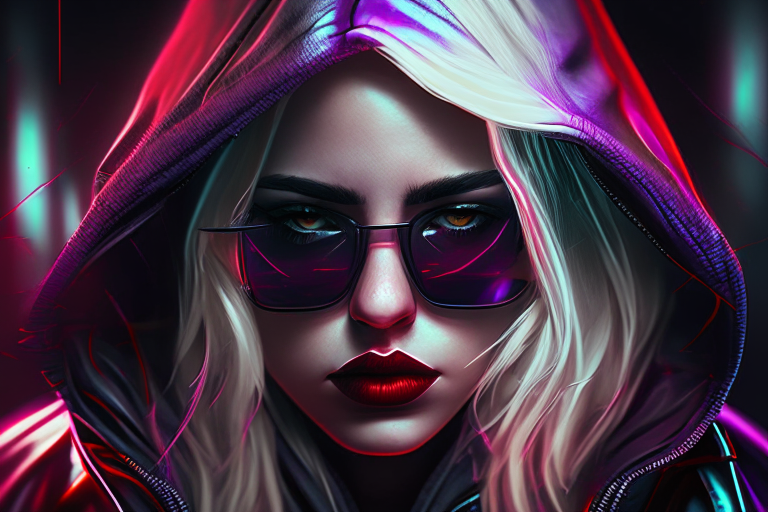 8K photo-realistic portrait of Cyberpunk hooded Blond girl with red lips, black sunglasses and a purple hoodie