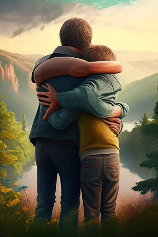 A man and boy hugging lovers beautiful nature,view 