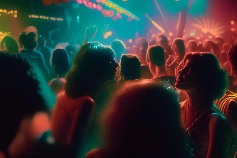 A vibrant nightclub fiesta scene with party lights, dancing people and a crowded dance floor. Realistic, 35mm, 8k