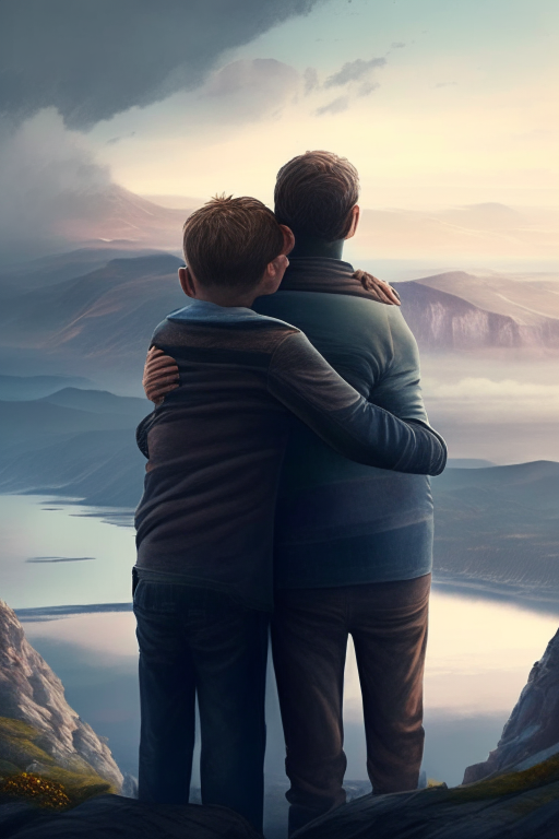 A man and boy hugging beautiful view