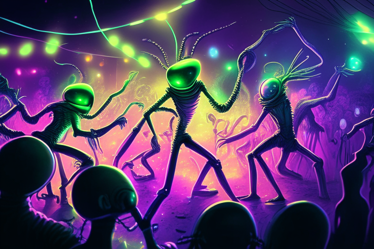 Aliens dancing at a crowded nightclub fiesta with party lights and a dance floor