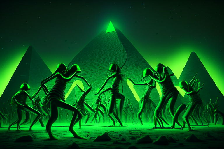 Green aliens dancing around an egyptian pyramid at night in the sythwave aesthetic. HD, 8k