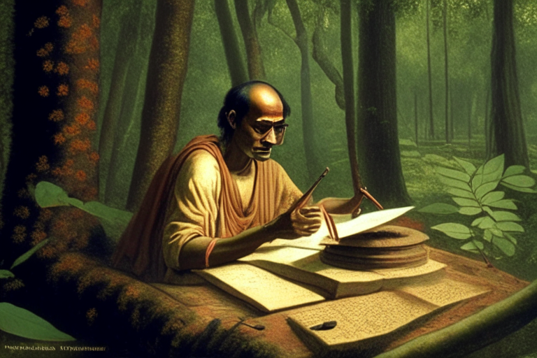 Aryabhata, the ancient Indian mathematician writing a book in a forest 