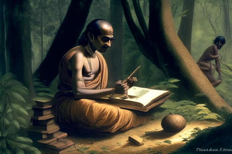Aryabhata, the ancient Indian mathematician writing a book in a forest 