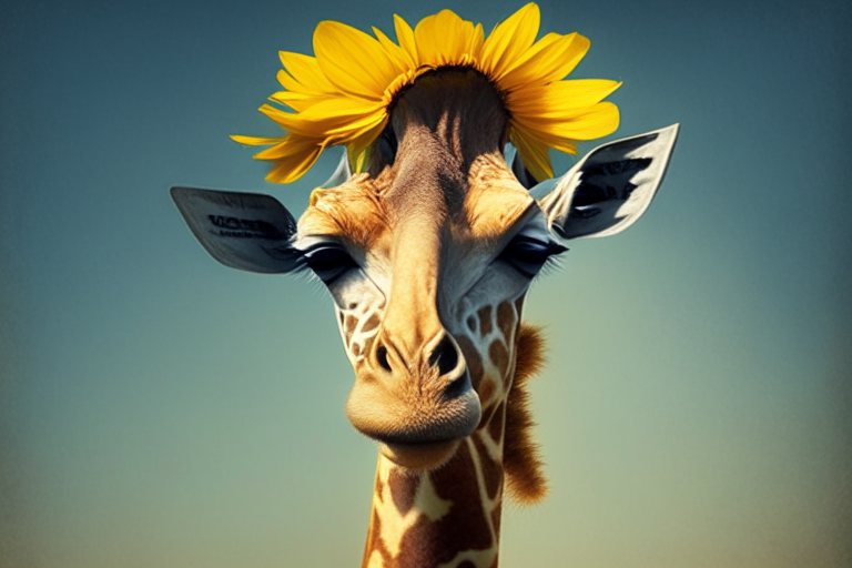 A giraffe with a sunflower on its forehead