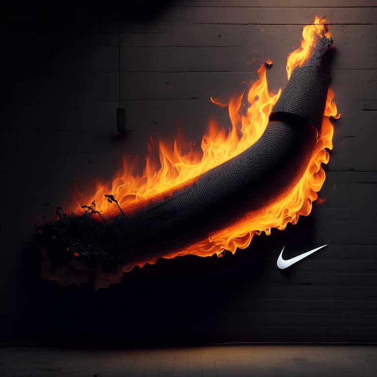 In the foreground the 8k, the black nike pipe, outlined in fire exploding outward, hanging on a kevlar wall, 8k