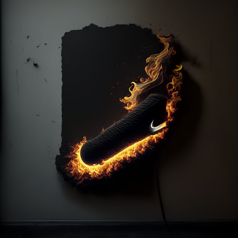 
black nike pipe, outlined in flame exploding outward, hanging on a kevlar wall, 8k