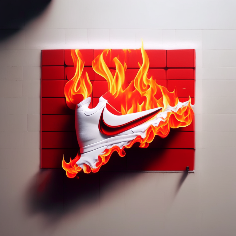 
white nike pipe, outlined in red flames, hanging on a kevlar wall, 8k