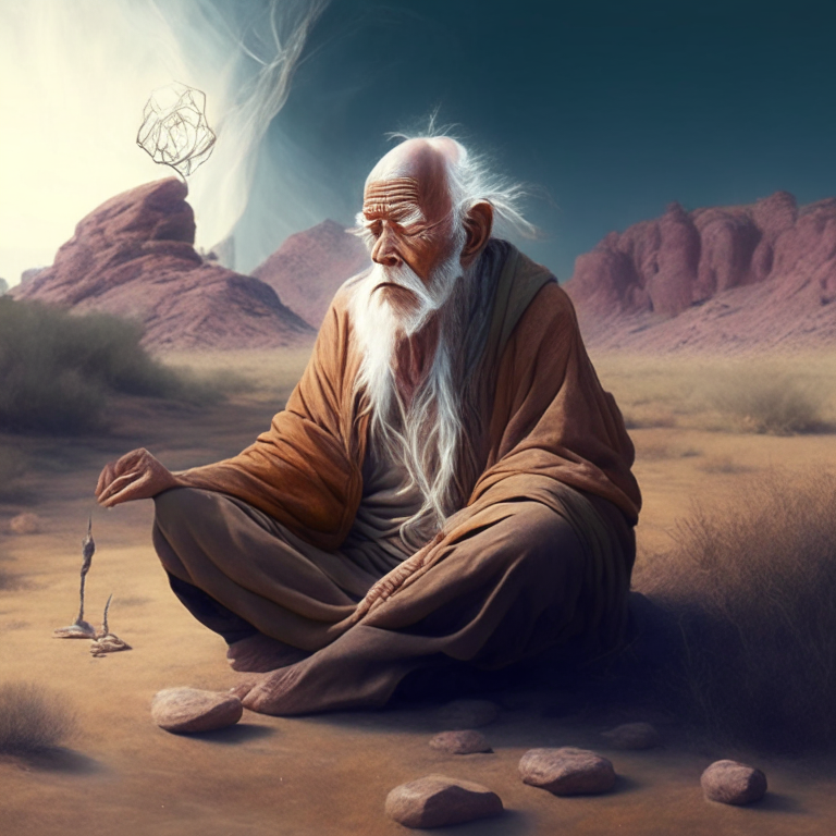 an old wise man in the middle of nowhere meditating and communicating with holy spirits hyperrealistic  image 