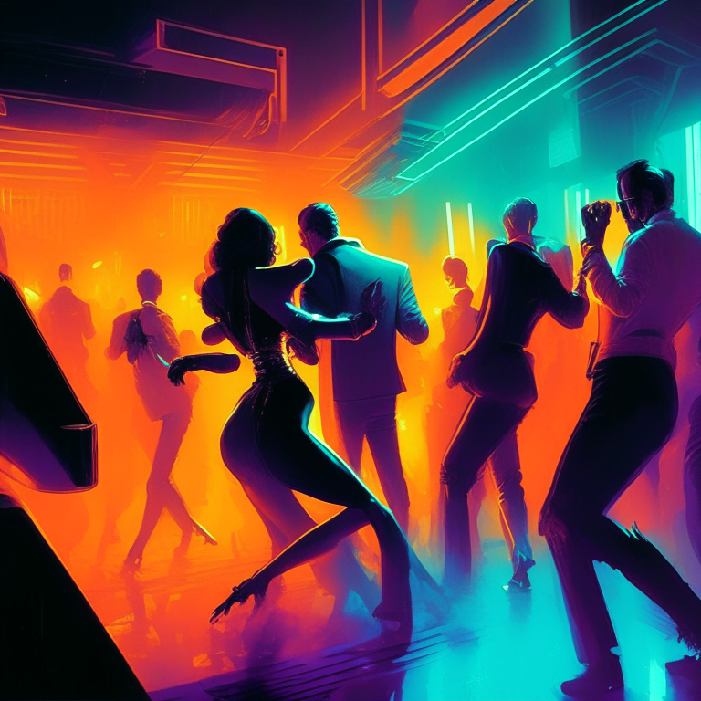 people dancing in a cyberpunk nightclub . smoky room with lasers and neon lights. Painting by Syd Mead. 70's Sci-Fi. highly detailed digital art, trending on artstation.