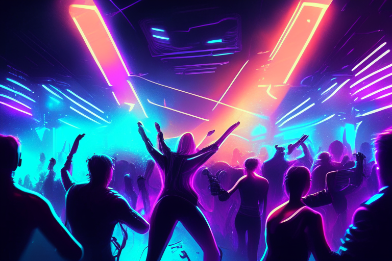 a nightclub crowd dancing under neon lights in a space station dance floor, futuristic digital painting