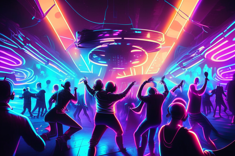 a nightclub crowd dancing under neon lights in a realistic space station dance floor