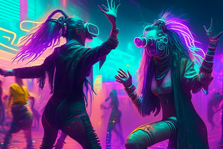 Dancing hippies in the year 3030 with a cyberpunk aesthetic