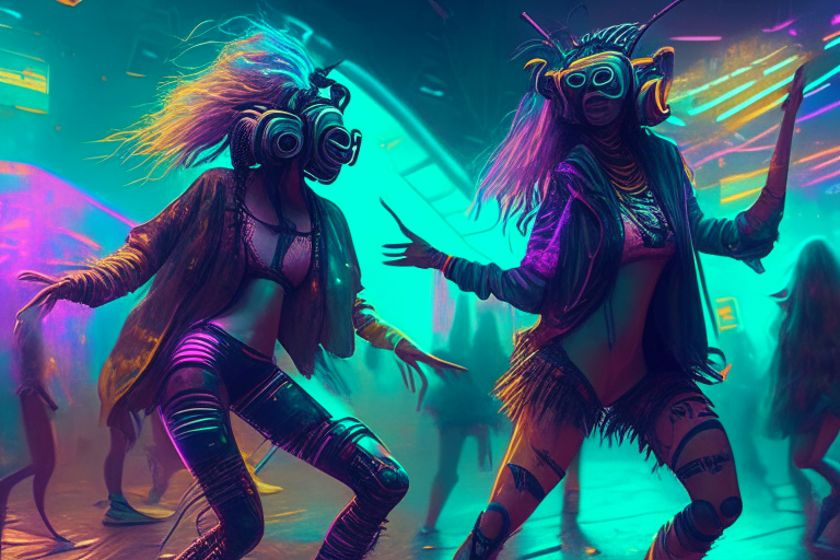 Dancing hippies in the year 3030 with a cyberpunk aesthetic