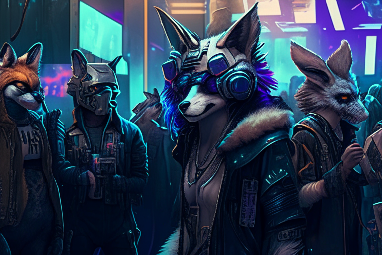 a high-resolution photograph of a cyberpunk era furry fandom convention