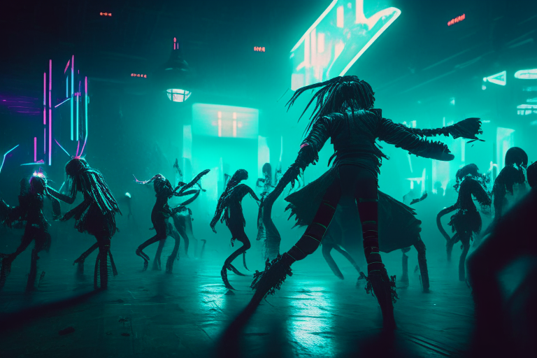 a high-resolution photograph of a cyberpunk era dance convention