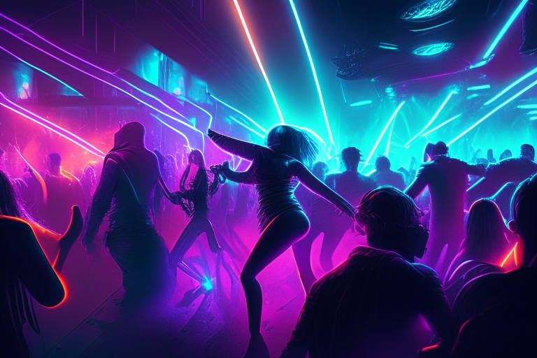 people dancing in a smoky cyberpunk nightclub with lasers, neon lights and a crowded dance floor, 3030 DC Sci-Fi, highly detailed digital art