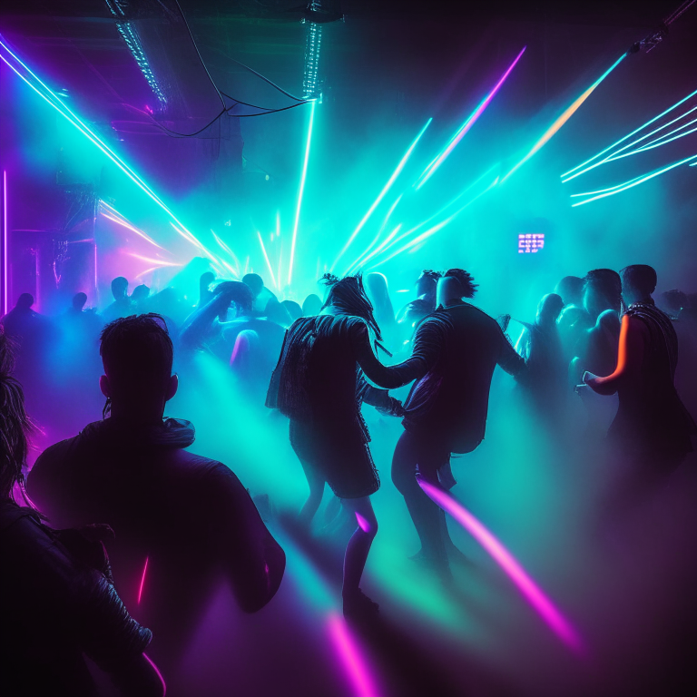 people dancing in a smoky cyberpunk nightclub with lasers and neon lights