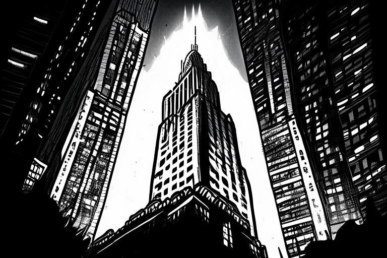 A giant 1st light up sign sitting on the top of a skyscraper in a busy city. Done in a very busy and very detailed micron marker drawn black and white sketch.  