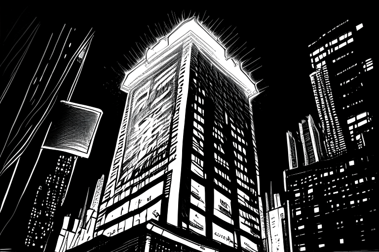 A giant 1st light up sign sitting on the top of a skyscraper in a busy city. Done in a very busy and very detailed micron marker drawn black and white sketch.  