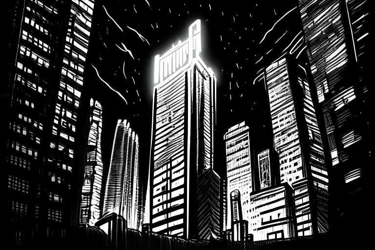 A giant "1st" neon light up sign sitting on the top of a skyscraper in a busy city. Done in a very busy and very detailed micron marker drawn black and white sketch.  