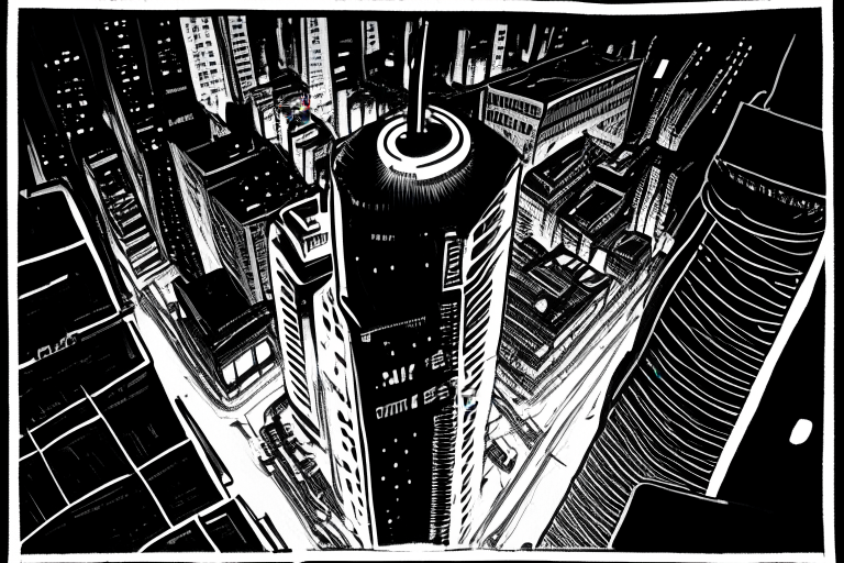 A giant "1st" neon light up sign sitting on the top of a skyscraper in a busy city. Seen from the sky looking down at the neon sign, buildings and streets. Done in a very busy and very detailed micron marker drawn black and white sketch.  